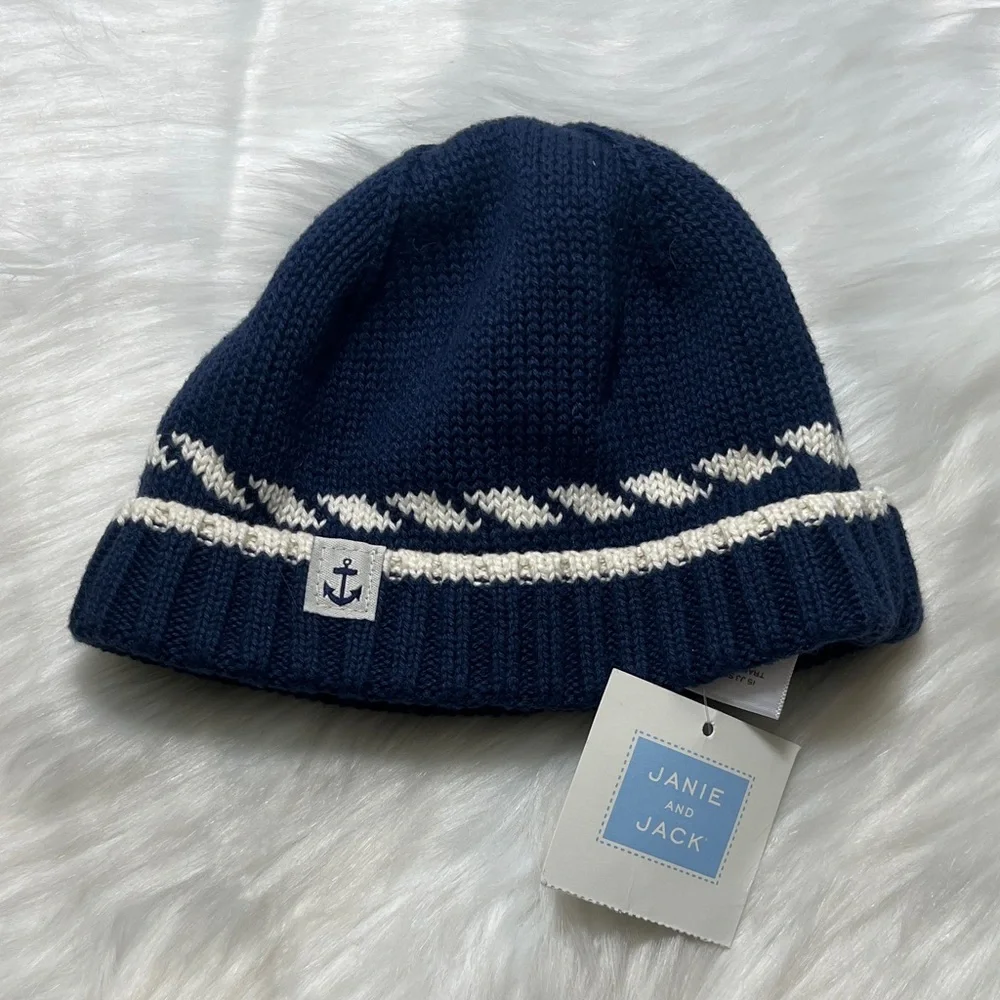 NWT Janie and Jack Navy Blue Cotton Knit Hat with White Accents